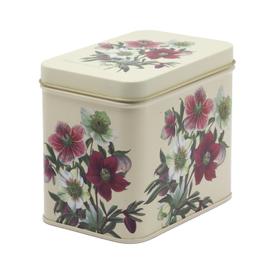 Metal tea chest decorated with Hellebore, containing 16 sachets of herbal tea