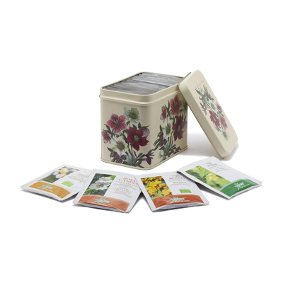 Metal tea chest decorated with Hellebore, containing 16 sachets of herbal tea