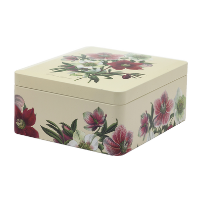 Metal tea chest decorated with Hellebore, containing 24 sachets of herbal tea