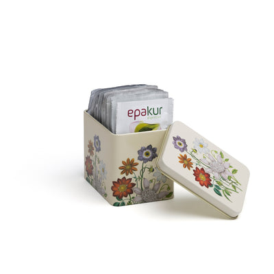 Metal tea chest decorated with Butterflies, containing 16 sachets of herbal tea