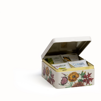 Caja metálica decorada con eléboro (hierba de los ballesteros) con 24 infusiones