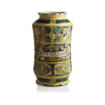 Albarello with war trophies and fantastic masks