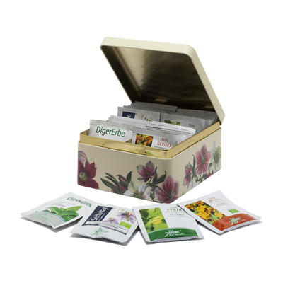 Scatola in metallo decoro Elleboro con 24 tisane